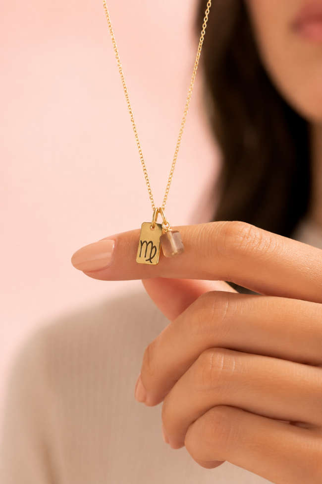 COLLAR SIGNO ZODIACAL CON PLACA Y CUARZO