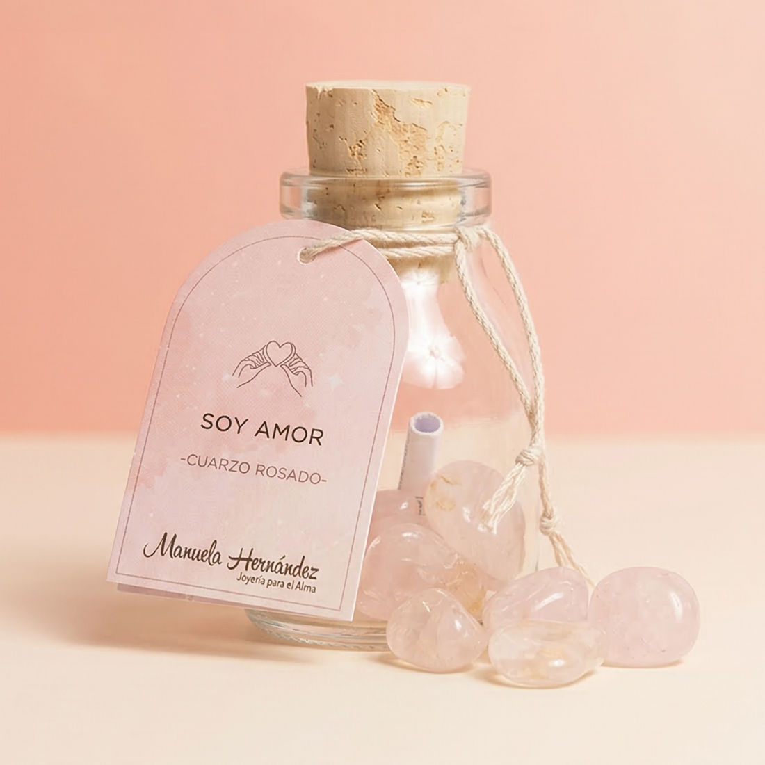 BOTELLA DE LOS DESEOS - SOY AMOR- CUARZO ROSADO